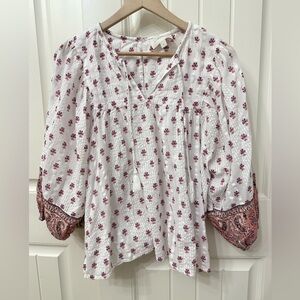 Cleobella White and Pink Floral Blouse sz Large Gauze Peasant Cotton